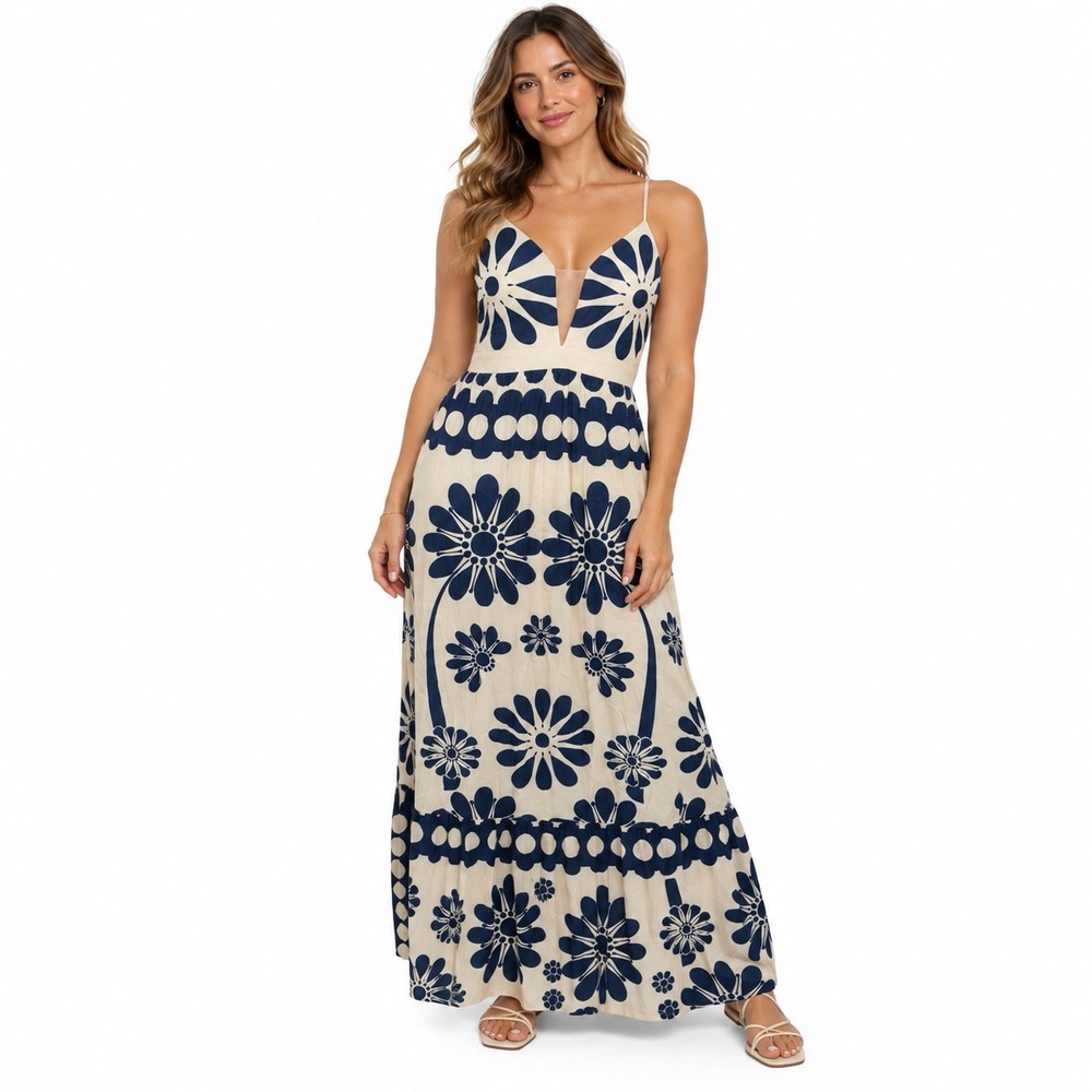 Navy Cream Floral Maxi Dress XL Plunge Open Back Resort Boho